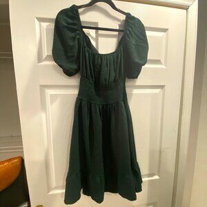 Hesperus Smocked Dress Puff Sleeve Ruffle Hem Square Neck Low‎ Back Green Dress